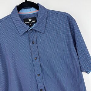 Butter Cloth‎ Mens Button Up Short Sleeve Shirt Blue Geometric Pattern L